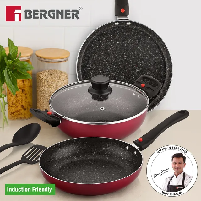 BERGNER Sherry Plus 5-Layer Non-Stick Cookware Set 6 Pcs, Detachable Handle - Induction Bottom Non-Stick Coated Cookware Set