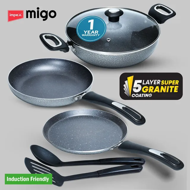 IMPEX Nonstick Induction Bottom Granite Festival GiftMFKT 5 Layer Super Granite Induction Bottom Non-Stick Coated Cookware Set