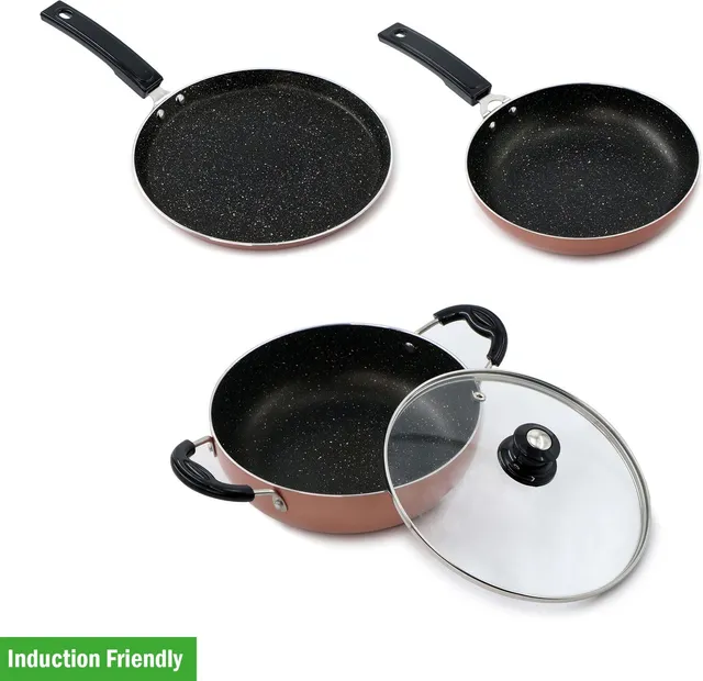 Flipkart SmartBuy 3 Piece Non-Stick Combo Set of Spetter Dosa Tawa,Fry Pan & Kadhai With Glass Lid Induction Bottom Non-Stick Coated Cookware Set