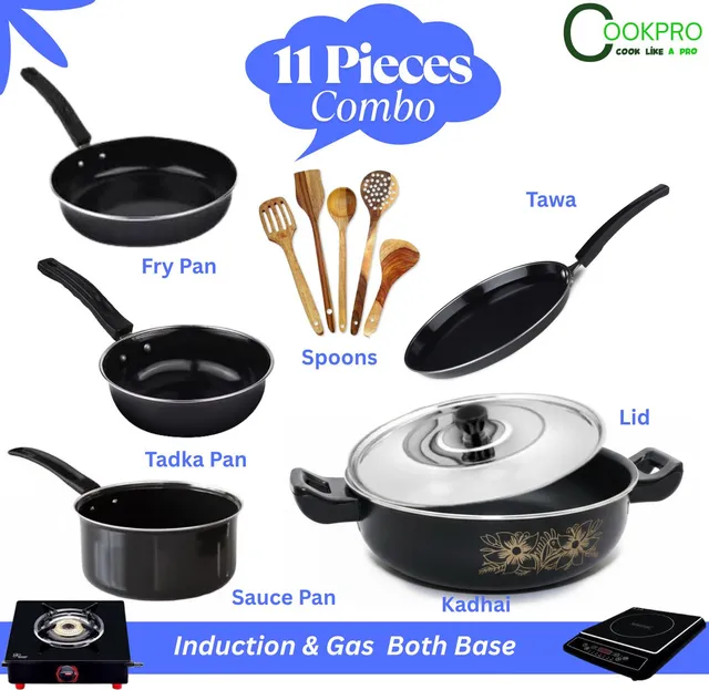 cookpro Premium Combo Kadhai with Lid, Sauce pan, Tadka Pan, Frypan, Tawa, Spatula Set Cookware Set