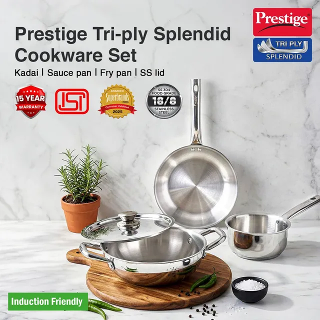 Prestige Triply Splendid BYK|Fry Pan 1.2L|Kadai 2.1L|Saucepan 1L|Even Heat Distribution Induction Bottom Cookware Set