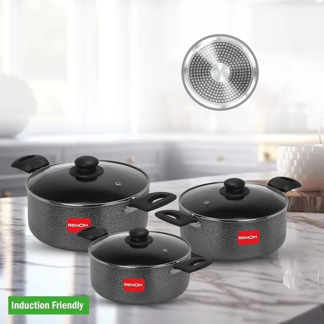 Benon Granite Coated Casserole Set of 2.5L+3.5L+4.5L Induction Bottom Non-Stick Coated Cookware Set