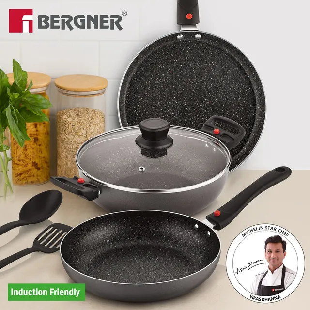 BERGNER Sherry Plus 5-Layer Non-Stick Cookware Set 6 Pcs with Detachable Handle - Induction Bottom Non-Stick Coated Cookware Set