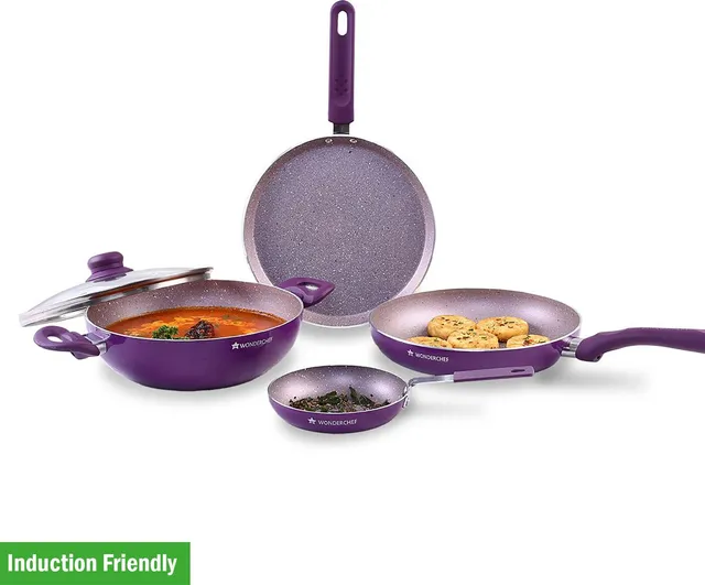 WONDERCHEF Royal Velvet Non-stick 5-piece Cookware Set (Fry Pan with Lid, Wok, Dosa Tawa, Mini Fry Pan) Induction bottom, Soft-touch handles, Virgin grade aluminium, PFOA/Heavy metals free, 3 mm, 2 years Induction Bottom Non-Stick Coated Cookware Set