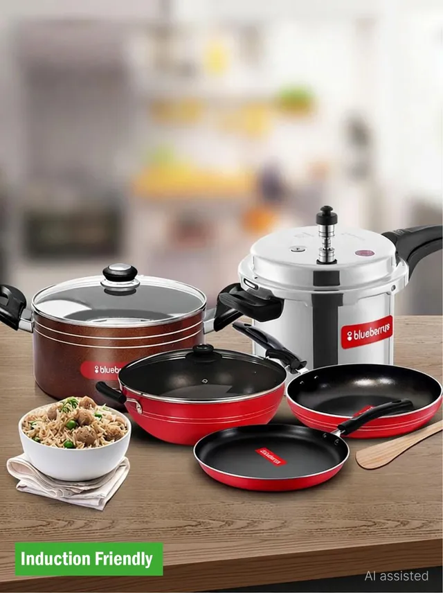 BlueBerry's 5 Piece Combo Set Kadhai,Tawa Pan,Fry pan,5L Pressure Cooker,2.5L Biriyani Pot Induction Bottom Non-Stick Coated Cookware Set