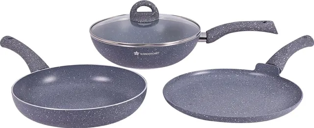 WONDERCHEF Granite Non-stick 4-piece Cookware Set(Fry Pan with Lid, Wok, Dosa Tawa), Induction bottom, Soft-touch handles, Virgin grade aluminium, PFOA/Heavy metals free, 3.5mm, 2 years warranty Induction Bottom Non-Stick Coated Cookware Set