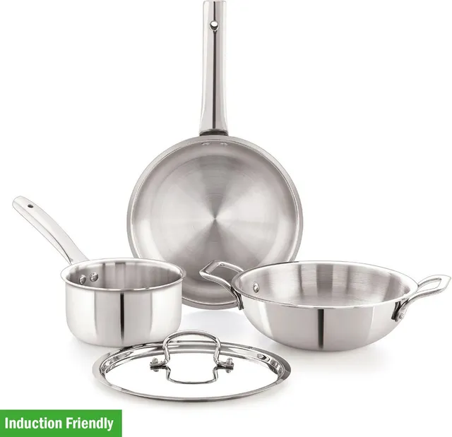iVBOX Platina-Pro 4pcs Triply Steel Fry pan, Milk Pan and Kadhai With Lid Induction Bottom Cookware Set