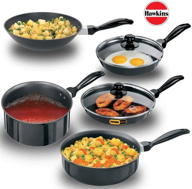 Hawkins Futura Non Stick Cookware Set NSET4 with Glass Lid Non-Stick Coated Cookware Set