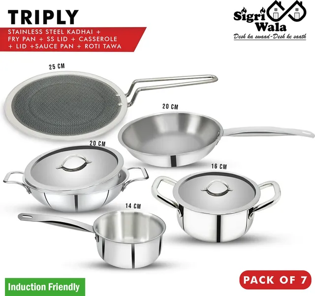 Sigri-wala Triply 7Pcs Combo Kadai20cm, FryPan20cm,Saucepan14cm,Casserole16cm,Roti tawa,LID Induction Bottom Cookware Set