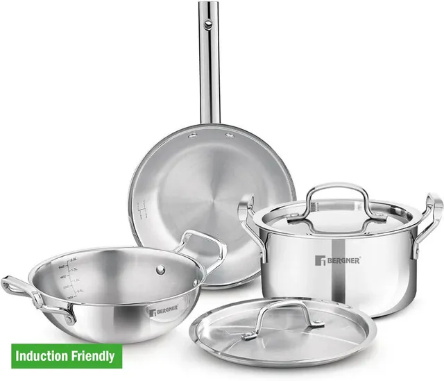 BERGNER TriPro Cookware Set of Kadai with Lid,Biryani Pot with Lid, Frypan Induction Bottom Cookware Set