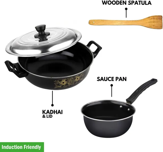 MY STORE Premium 4Pcs Nonstick Culinary Cookware Set Kadhai with Lid, Saucepan & Spatula Induction Bottom Non-Stick Coated Cookware Set