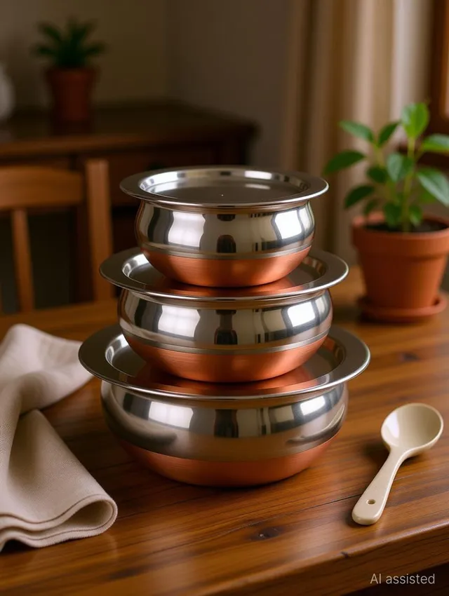 RBGIIT Perfect Copper Handi Set for Everyday Use Whether you want to cook a delicious serving of your favourite sabzi or heat leftover curries from the previous day, the 3 Piecs copper handi set, Prabhu Chetty, Curved Copper Plate at Bottom, Best Quality Stainless Steel Copper Bottom Handi Pot Set, Brown & Steel, 3 Pic Handi Copper Vegetable Bowl ,Cooking Dinner Table Serving Biryani Pot Handi Kadhai , Panikarilikka Steel Handi 3 Pices Sets Handi Home Kitchen Appliances Stainless Steel Handi with Copper Bottom Handi Kitchen Appliances Stainless Steel Copper Bottom Cooking Serving Biryani, Punjabi Pot Pan Stainless Steel Handi Set Of 3 Pic With Lid Cookware Set