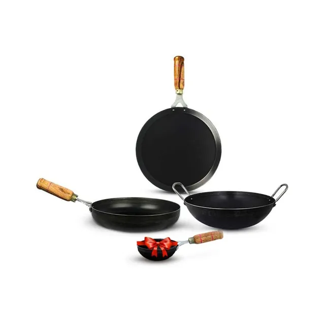 The Indus Valley Pre-Seasoned Pure Iron Cookware Set: Fry Pan + Kadai + Tawa with Free Tadka Pan Induction Bottom Cookware Set