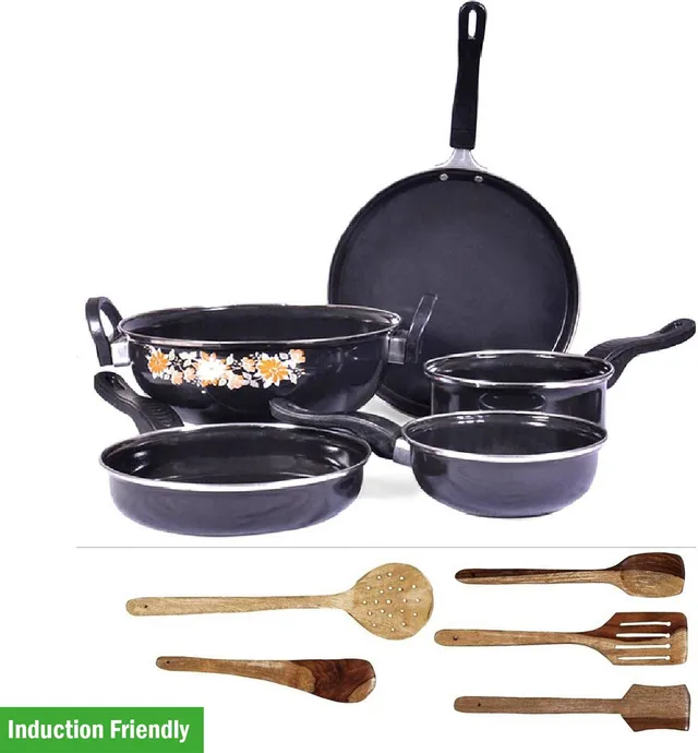 Flipkart SmartBuy Cookware Set - Kadhai, Tawa, Fry Pan, Sauce Pan, Tadka Pan, 5 Wooden Spatula - Induction Bottom Non-Stick Coated Cookware Set