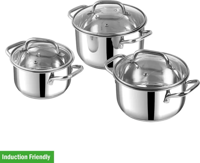 VINOD Mainz SS Cookware Set of 3-1.2, 2, 2.7L Saucepots with Glass Lids Induction Bottom Non-Stick Coated Cookware Set