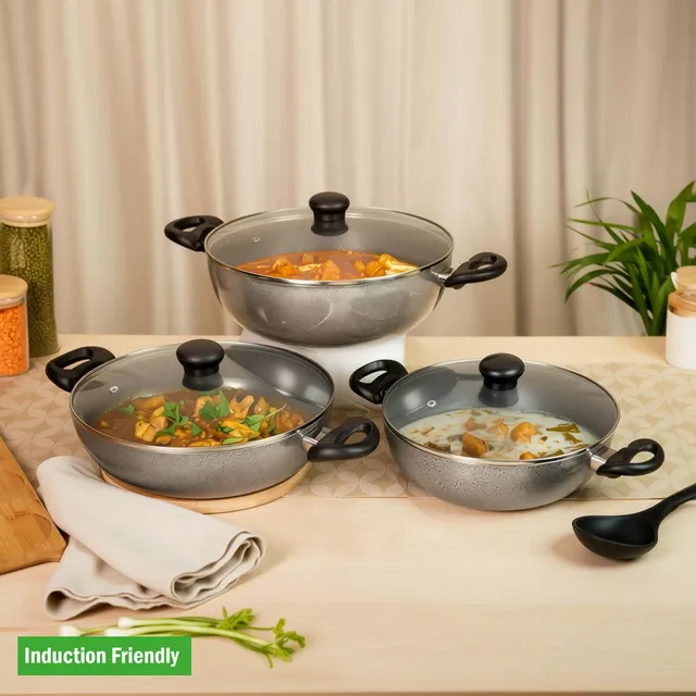 Kreme DELUXE 3mm Kadai 2.5L + 3.5L + 4.5L Induction Bottom Non-Stick Coated Cookware Set