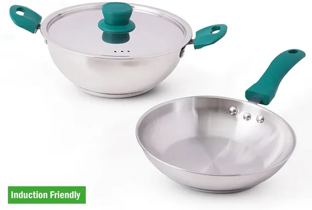 The Indus Valley Stainless steel cookware set of 3 | Kadai, Frypan Induction Bottom Cookware Set