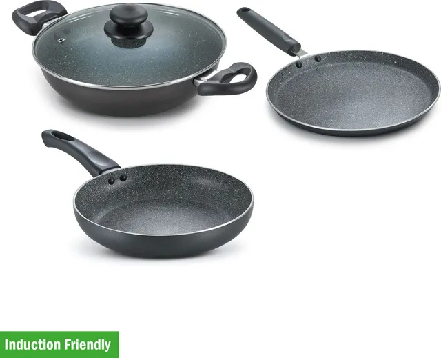 Prestige Omega Deluxe Granite Alpha 3Pcs BYK-Kadai 24cm Glass Lid+Tawa 28cm+Fry Pan 24cm Induction Bottom Non-Stick Coated Cookware Set