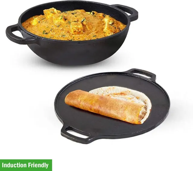 The Indus Valley Pre-Seasoned Cast Iron Cookware Set | Tawa (30 cm) + Kadai (25.4 cm/2.3L) Induction Bottom Cookware Set