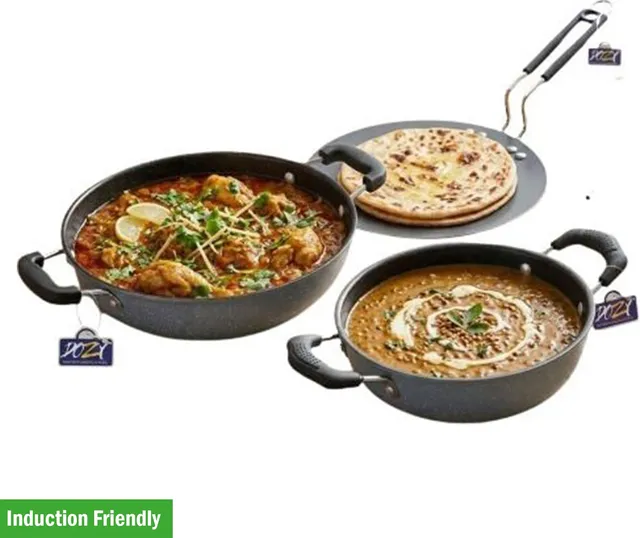 Dozy Iron-Rich Nonstick 3-Piece Cookware Combo: Kadhai & Tawa Set Induction Bottom Non-Stick Coated Cookware Set