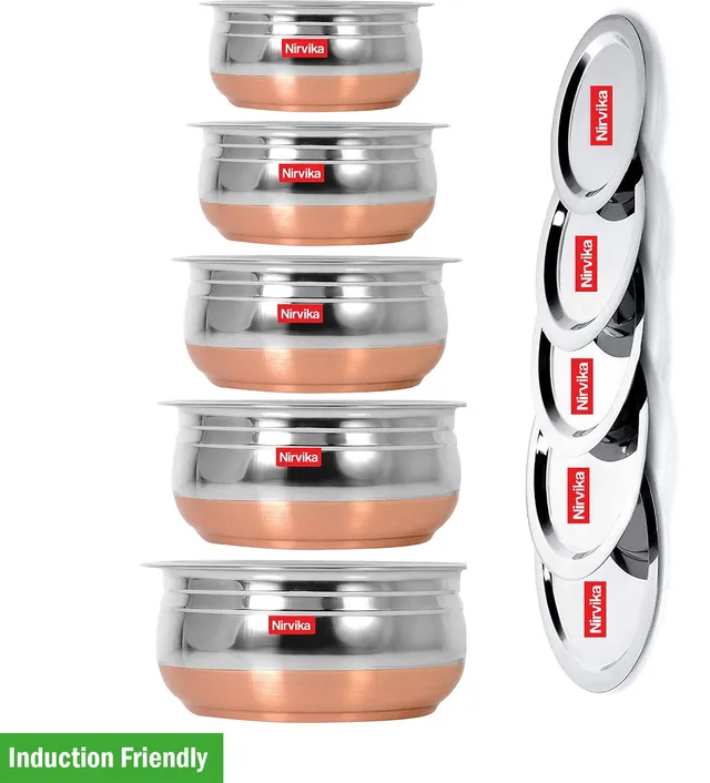 Nirvika Stainless Steel Copper Bottom Handi/Urli With Lid set of 5 Piece Induction Bottom Non-Stick Coated Cookware Set