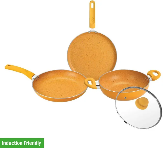 BERGNER Tasty Non-Stick 4 Pcs Cookware Set with Soft Touch Handle, Less Oil Use Induction Bottom Non-Stick Coated Cookware Set