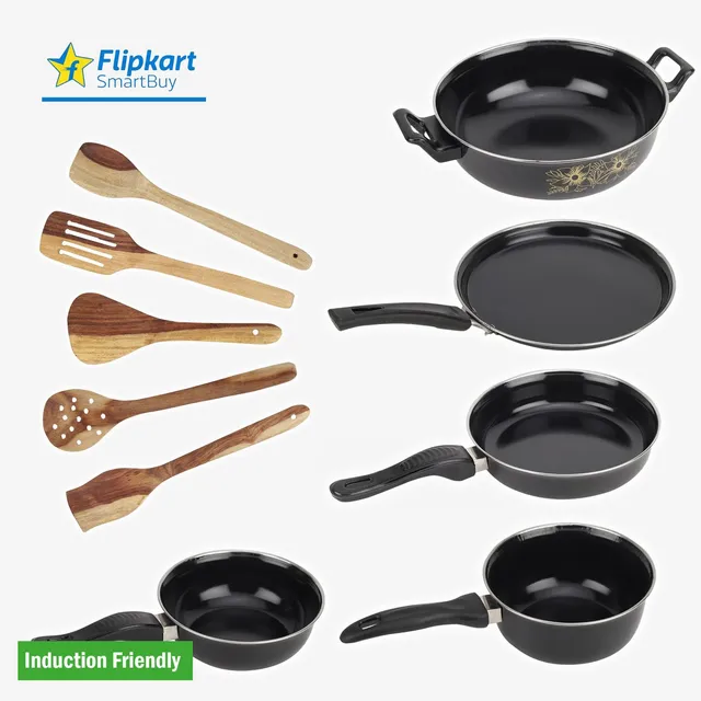 Flipkart SmartBuy Set of Kadhai, Tawa, Fry Pan, Sauce Pan, Tadka Pan & 5 Wooden Spatula 04 | Induction Bottom Non-Stick Coated Cookware Set