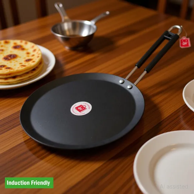 LAZYwindow Traditional Induction Base Flat Iron Tawa with Insulated Handle + Surprise Gift Induction Bottom Cookware Set