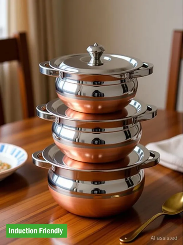 AVADHARA Stainless Steel Copper Bottom Handi with lid - Kitchen Serving & Cookware, Cooking Bowl | Handi Set 3-Pieces | Biryani Handi Set with Handle Induction Bottom Non-Stick Coated Cookware Set