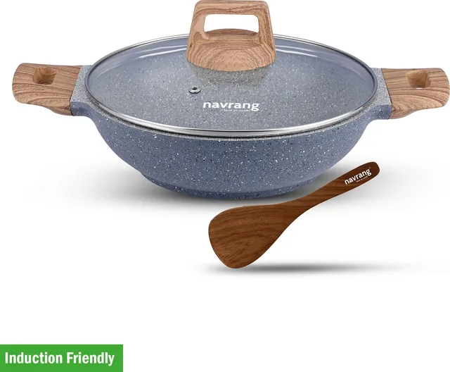 NAVRANG Aluminum Granite DieCast Kadai 2L 240mm with Wooden Handles, Glass Lid & Spatula Induction Bottom Non-Stick Coated Cookware Set