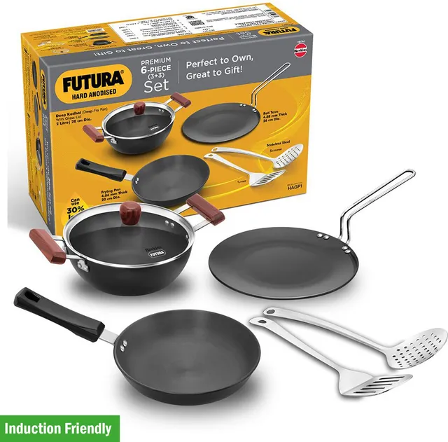 Hawkins Futura Gift Set - Kadhai, Frying Pan, Tava, Lid, Skimmer, Turner (HAGP1) Induction Bottom Cookware Set