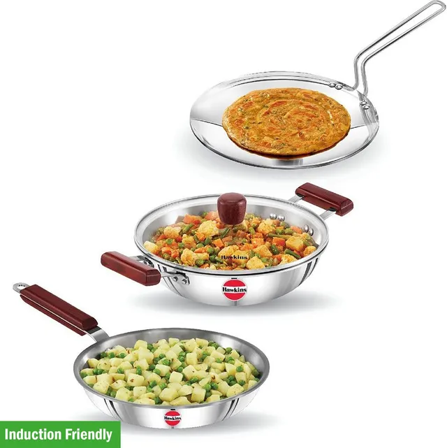 Hawkins Tava, Frying Pan, Kadhai Combo (SSET1) Induction Bottom Cookware Set