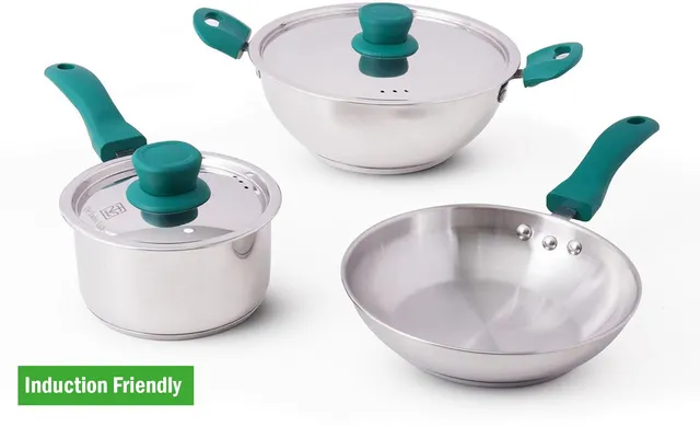 The Indus Valley Stainless steel cookware set of 5 | Kadai, Frypan, Sauce pan Induction Bottom Cookware Set