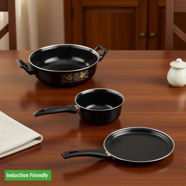 SILVOSWAN Kadhai, Sauce Pan, Tawa - Cookware Set of 3 Pc Induction Bottom Non-Stick Coated Cookware Set