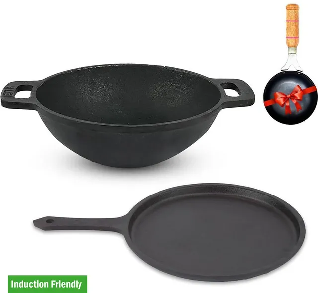 The Indus Valley Pre-Seasoned Cast Iron Cookware Set + Free Tadka Pan | Set of Kadai & Tawa Induction Bottom Cookware Set