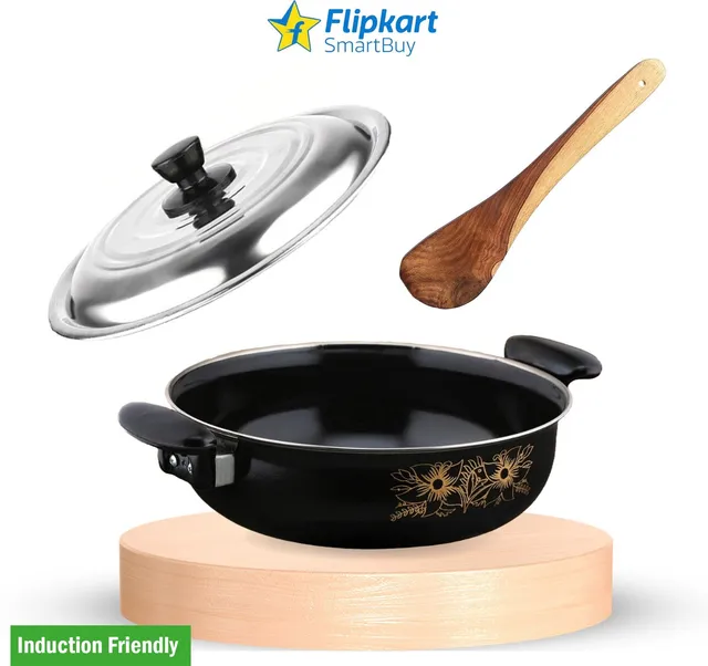 Flipkart SmartBuy Kitchen Non-Stick Combo Pack of Kadhai with Lid and Wooden Spatula - 4 Induction Bottom Non-Stick Coated Cookware Set