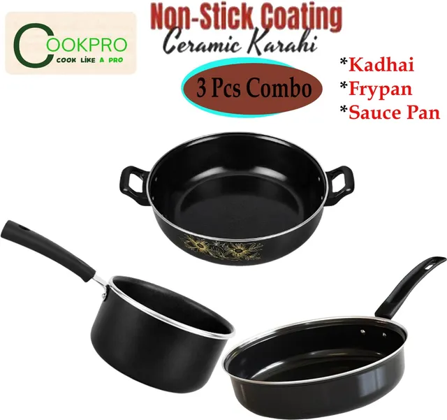 cookpro Durable Black Pack of 3 pc (Kadhai, Fry Pan, Sauce Pan) Induction & Gas Use Non-Stick Coated Cookware Set
