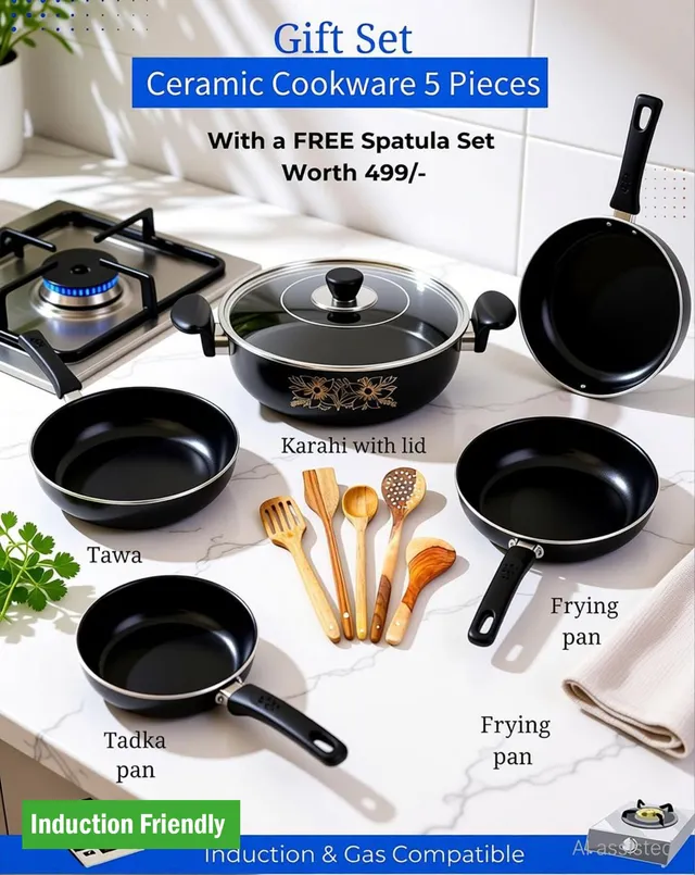 SILVOSWAN Modern Kitchen Set Kadahi, FryPan, Tadka , Sauce Pan, Tawa, Wooden Spoons Combo Induction Bottom Non-Stick Coated Cookware Set