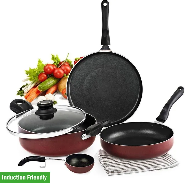 cello Prima (Tadka Pan, Kadhai With Glass Lid 220mm, Fry Pan 220mm, Dosa Tawa 280mm) Induction Bottom Non-Stick Coated Cookware Set