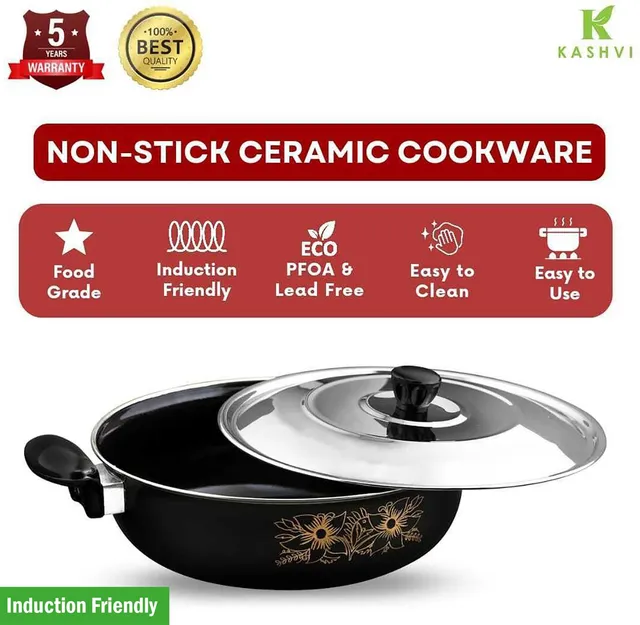 Maharajee Premium Cast Iron Kadhai with Lid 3.5 L capacity Induction Bottom Non-Stick Coated Cookware Set