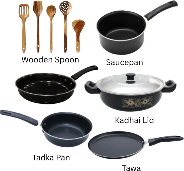cookpro Combo Kadhai with Lid, Sauce pan, Frypan, Tadka Pan, Dosa Tawa Induction Bottom Non-Stick Coated Cookware Set