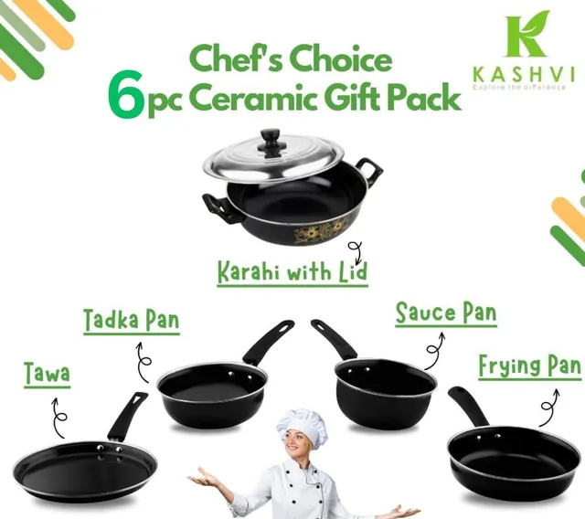 Kashvi Premium Kadhai with Lid, Frypan, Sauce Pan, Tadka Pan, Tawa 6 in 1 Combo Cookware Set