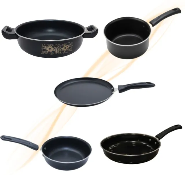 Kashvi Aluminium Cookware Set of 5Pcs (Kadai, Tawa, Fry Pan, Sauce Pan, Tadka) Induction Bottom Cookware Set