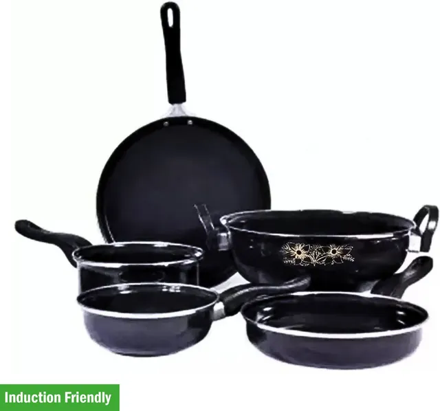 Kashvi NEW25_Premium Cookware Set (5 Pcs) - Tawa, Kadhai, Frypan, Saucepan, Tadka - Induction Bottom Non-Stick Coated Cookware Set