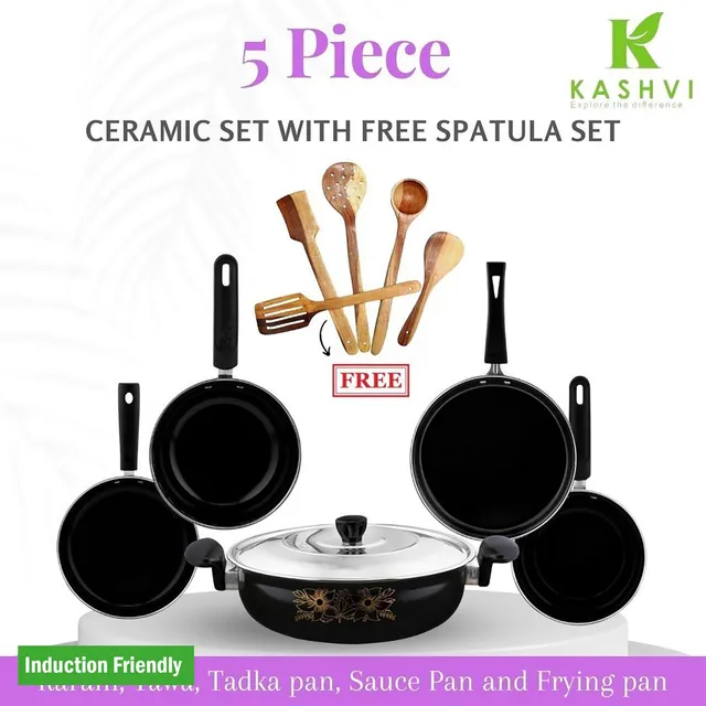 Kashvi Best Deluxe Kadahi,Fry Pan,Tadka Pan,Sauce Pan,Tawa,Eco-Friendly Wooden Spoons Induction Bottom Non-Stick Coated Cookware Set