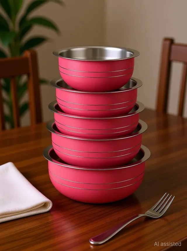 LIMETRO STEEL Set of 5 Handi Set (Pink) / Urli Set / Steel Cookware Set Cookware Set