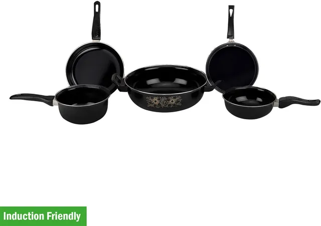 Kashvi NON STICK Kitchen Cookware Set of Tawa, Kadhai, Frypan, Saucepan, Tadkapan - Induction Bottom Non-Stick Coated Cookware Set