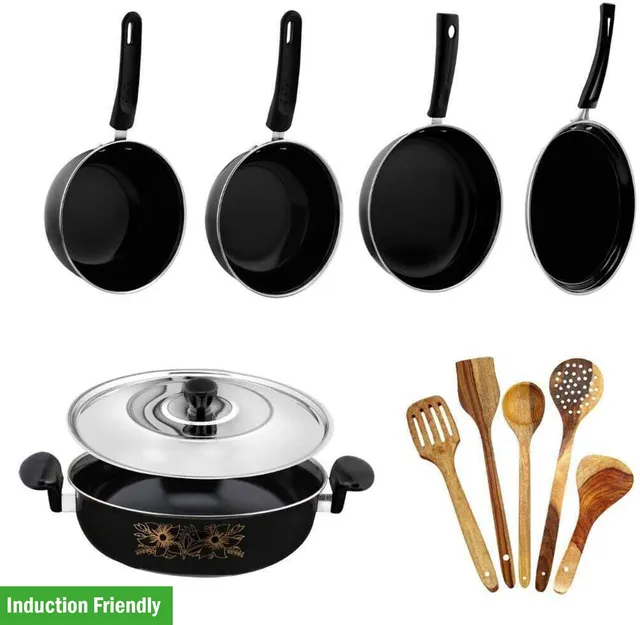 Kashvi NEW25_Premium Kitchen Cookware Set of 5 Pcs + Wooden Spatulas Induction Bottom Non-Stick Coated Cookware Set