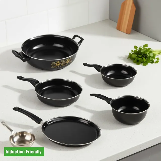 Kashvi NEW25_ Non-Stick Cookware Set (5 Pcs) - Tawa, Kadhai, Frypan, Saucepan, Tadka - Induction Bottom Non-Stick Coated Cookware Set