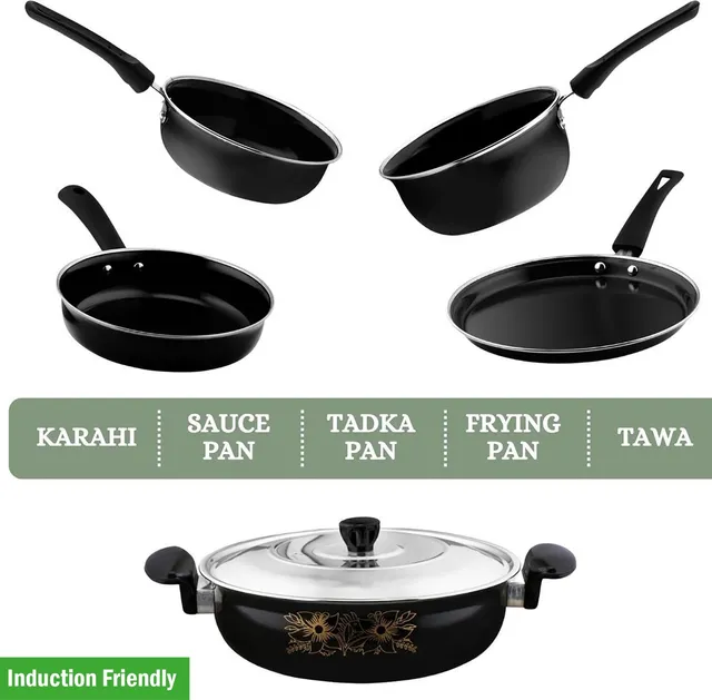 Kashvi Premium 5pcs Kitchen Cookware Set Induction Bottom Non-Stick Coated Cookware Set